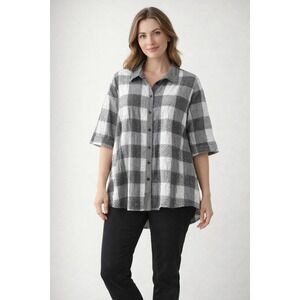 Habitat Plaid Textured Button Up Shirt Womens XL Black White Casual Top